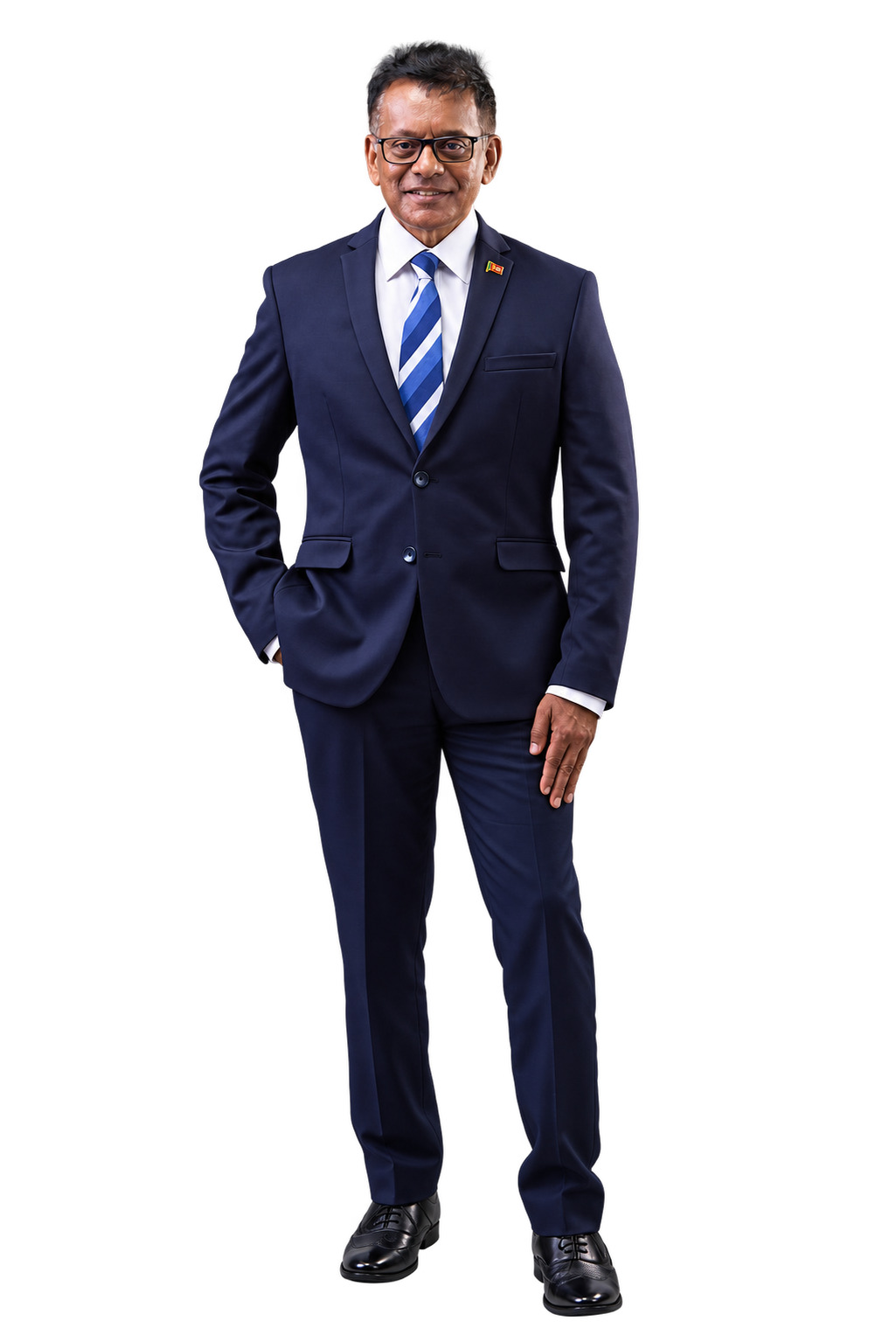 Bradley Emerson, in a navy suit; AI-assisted cutout of his supplied portrait
